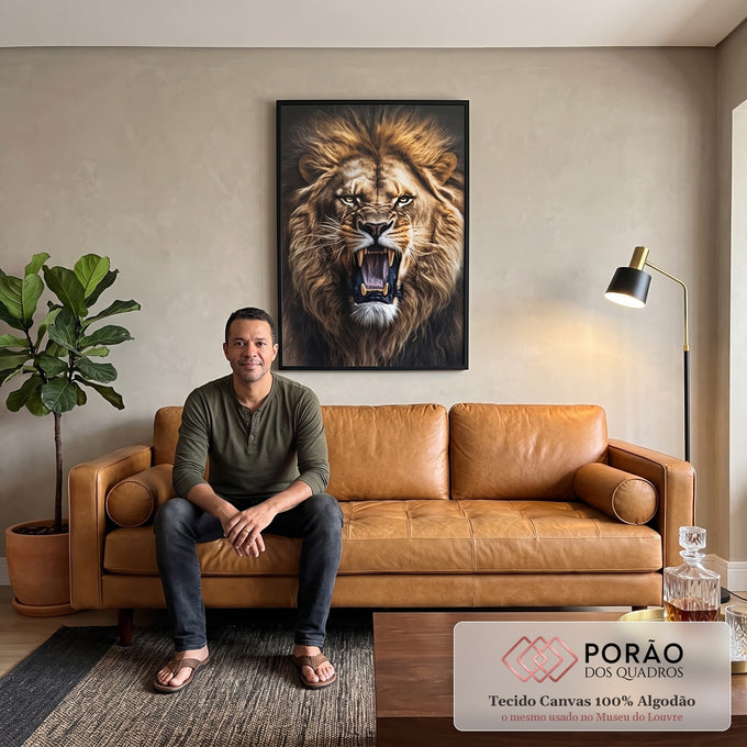 Quadro Decorativo: Majestade do Leão Selvagem em sala de estar moderna - quadros decorativos para sala