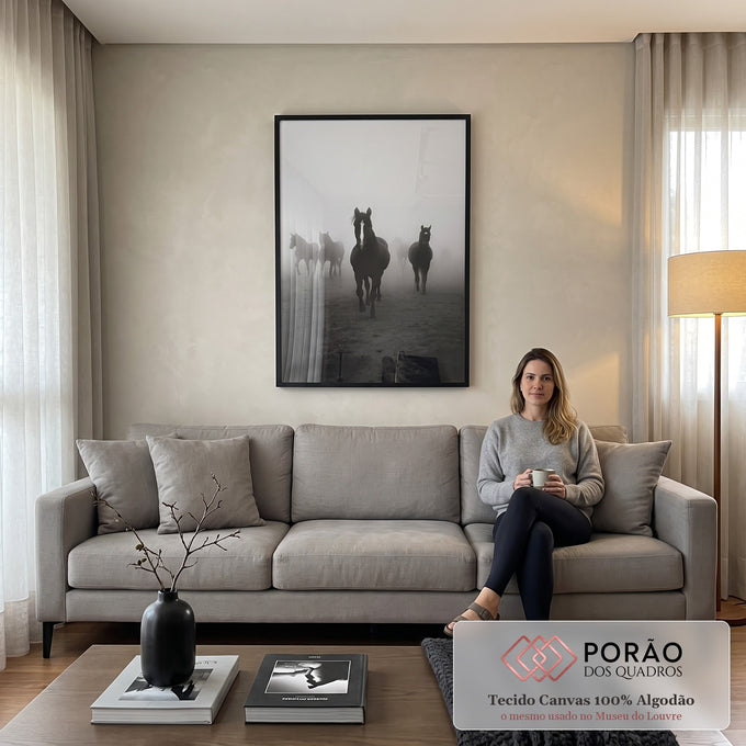 Quadro Decorativo Sofisticado Cavalos em Neblina em sala de estar moderna - quadros decorativos para sala
