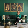 Quadro Decorativo: Luxo de Folhas Tropicais Douradas em sala de estar moderna - quadros decorativos para sala