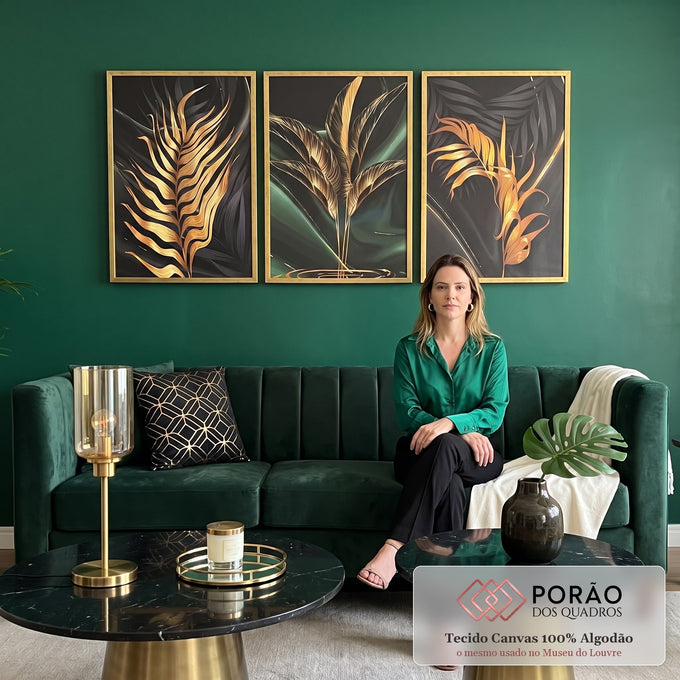 Quadro Decorativo: Luxo de Folhas Tropicais Douradas em sala de estar moderna - quadros decorativos para sala