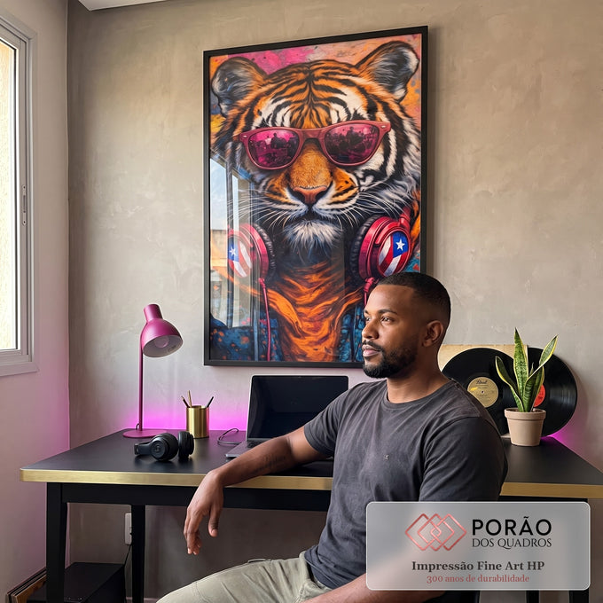 Quadro Decorativo Tigre Estiloso em Óculos em escritorio moderno - quadros decorativos para sala