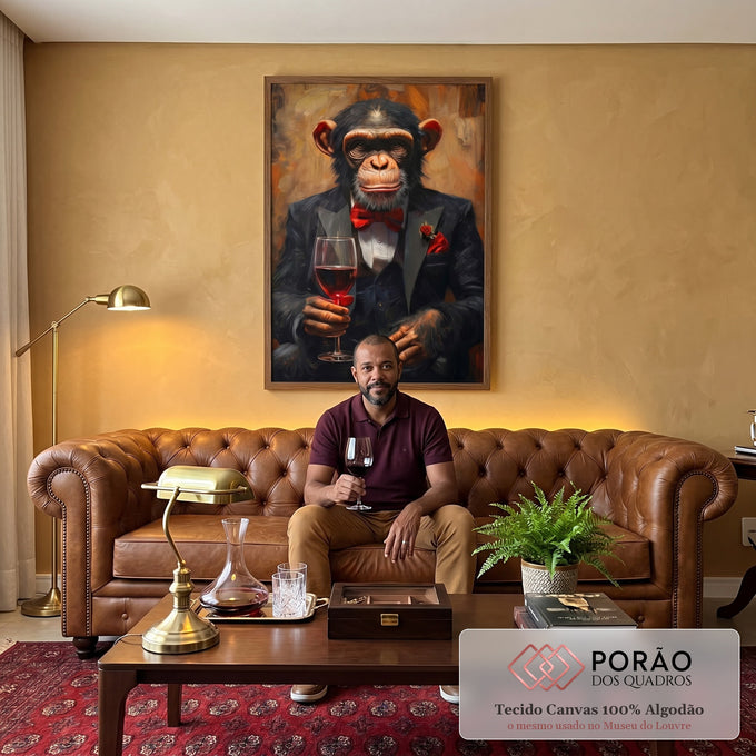 Quadro Decorativo Sofisticado Chimpanzé Elegante em sala de estar moderna - quadros decorativos para sala