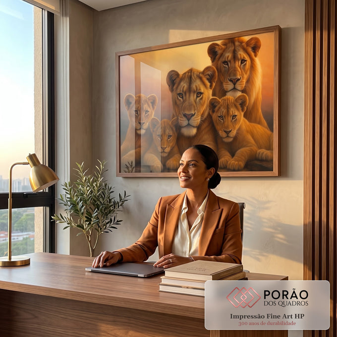Quadro Decorativo Leões em Conexão Majestosa em escritorio moderno - quadros decorativos para sala