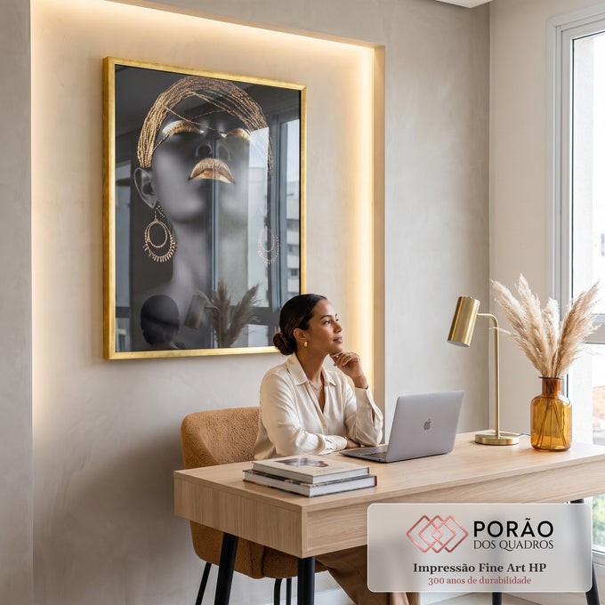 Quadro Decorativo Beleza Dourada - Luxo e Sofisticação em escritorio moderno - quadros decorativos para sala