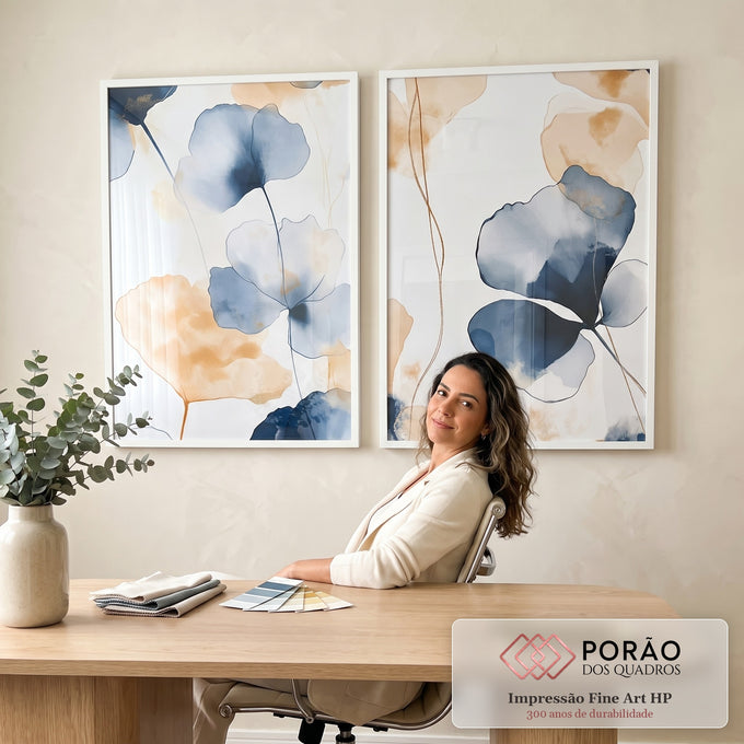 Quadro Decorativo Elegância Floral Dupla de Flores Abstratas em escritorio moderno - quadros decorativos para sala