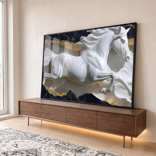 Quadro Decorativo Escultura de Cavalo Branco em Movimento em ambiente decorado - quadros decorativos para sala