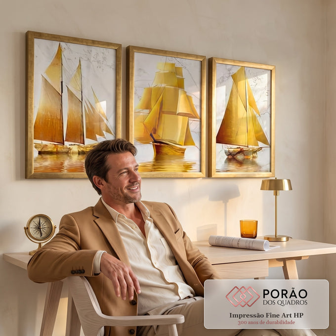 Quadro Decorativo Navegação Dourada - Inspiração Única em escritorio moderno - quadros decorativos para sala