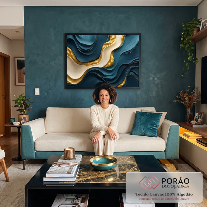 Quadro Decorativo Azul Abstrato Elegante em sala de estar moderna - quadros decorativos para sala