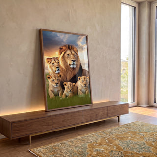 Quadro Decorativo: Majestade Familiar Leões na Savana em ambiente decorado - quadros decorativos para sala