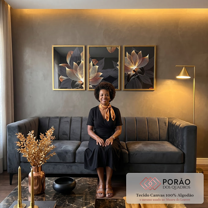 Quadro Decorativo Lotus Dourada - Elegância e Mistério em sala de estar moderna - quadros decorativos para sala