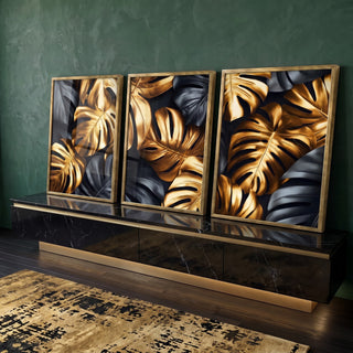 Quadro Decorativo Sofisticação em Folhas Douradas e Pretas em ambiente decorado - quadros decorativos para sala