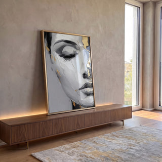 Quadro Decorativo Retrato Feminino Dourado em ambiente decorado - quadros decorativos para sala
