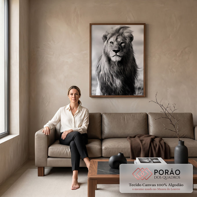 Quadro Decorativo: Rei da Selva em Preto e Branco em sala de estar moderna - quadros decorativos para sala