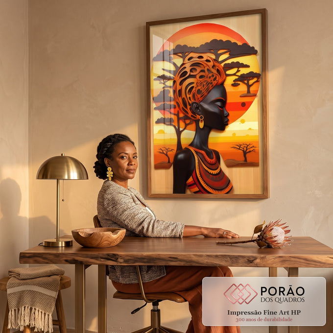 Quadro Decorativo Étnico e Elegante Rainha Africana em escritorio moderno - quadros decorativos para sala