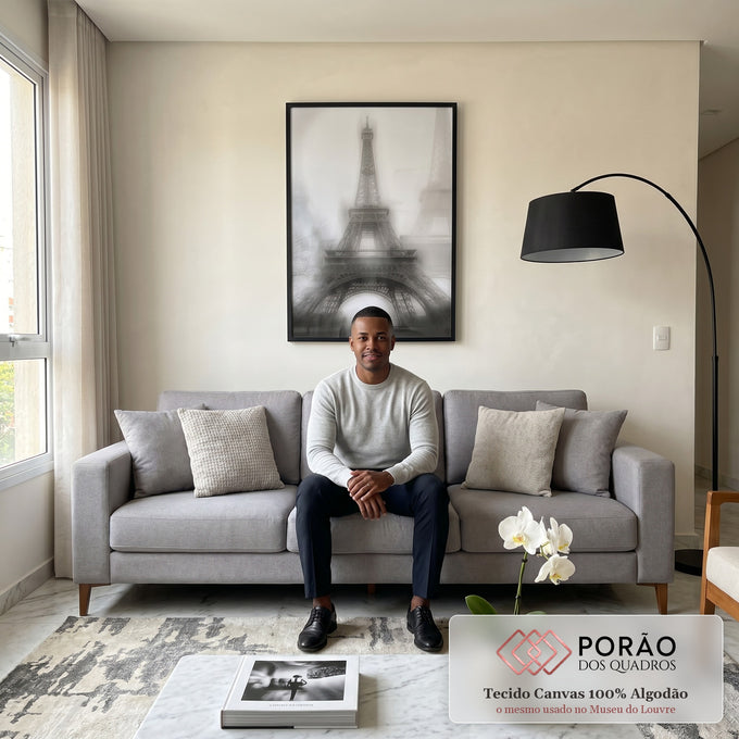 Quadro Decorativo Torre Eiffel em Preto e Branco em sala de estar moderna - quadros decorativos para sala