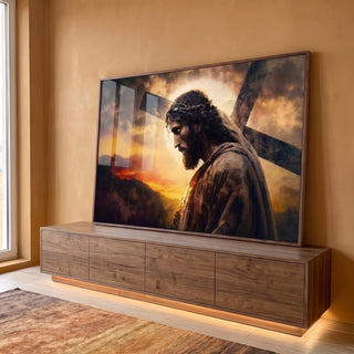 Quadro Decorativo Sagrada Esperança: Crucificação ao Entardecer em ambiente decorado - quadros decorativos para sala