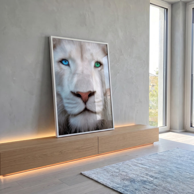 Quadro Decorativo Leão Glacial Imponente em ambiente decorado - quadros decorativos para sala
