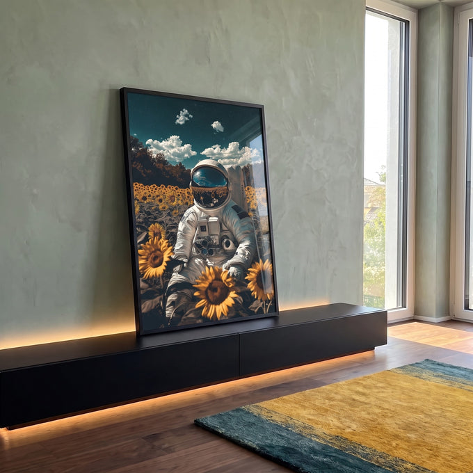 Quadro Decorativo do Astronauta e a Beleza do Bosque em ambiente decorado - quadros decorativos para sala