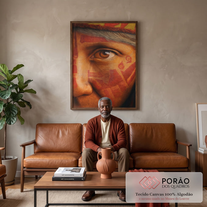 Quadro Decorativo - Rosto Ancestral Arte da Conexão Humana em sala de estar moderna - quadros decorativos para sala