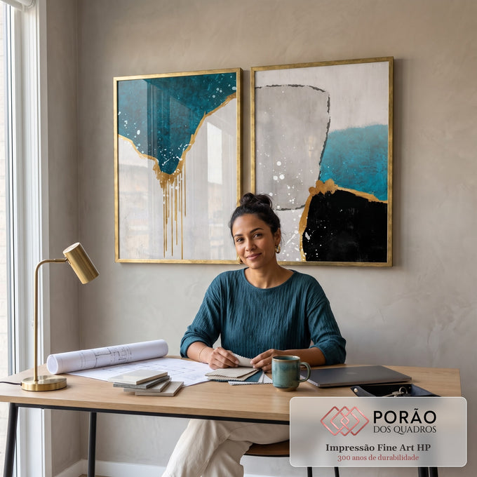 Quadro Decorativo: Luxo em Abstrato Azul e Ouro em escritorio moderno - quadros decorativos para sala