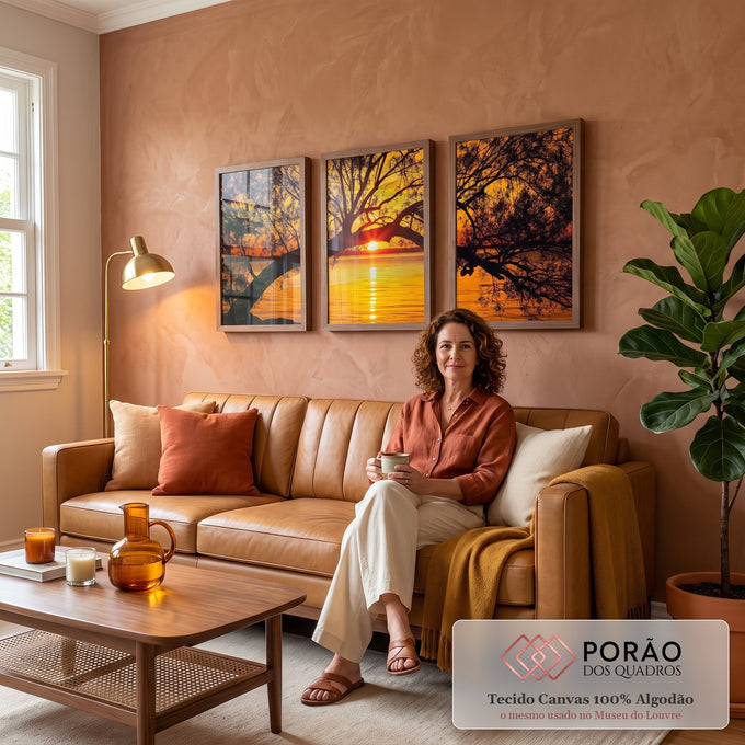 Quadro Decorativo Pôr do Sol Entre Árvores Majestosas em sala de estar moderna - quadros decorativos para sala