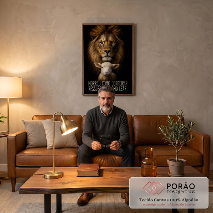 Quadro Decorativo Leão e Cordeiro em sala de estar moderna - quadros decorativos para sala