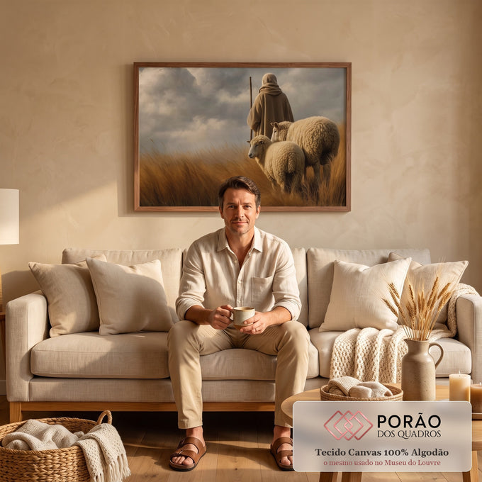 Quadro Decorativo Pastor e Ovelhas em sala de estar moderna - quadros decorativos para sala