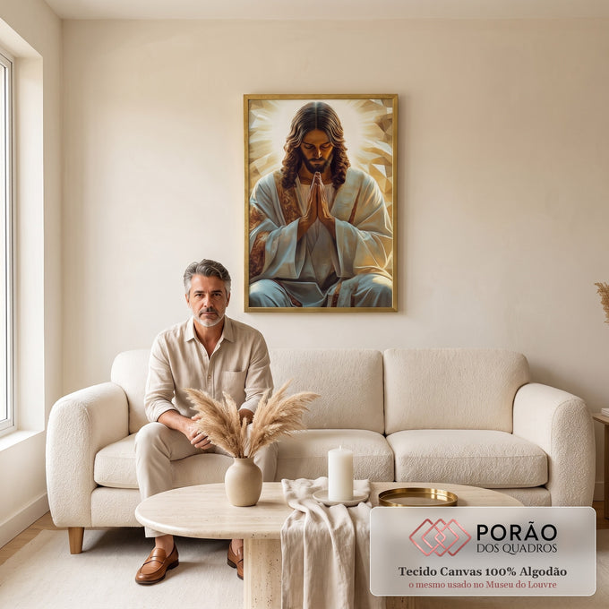Quadro Decorativo Contemplação Dourada Espiritual em sala de estar moderna - quadros decorativos para sala
