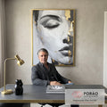 Quadro Decorativo Retrato Feminino Dourado em escritorio moderno - quadros decorativos para sala