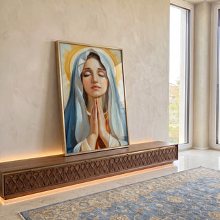 Quadro Decorativo Virgem Maria Serenidade e Fé em ambiente decorado - quadros decorativos para sala