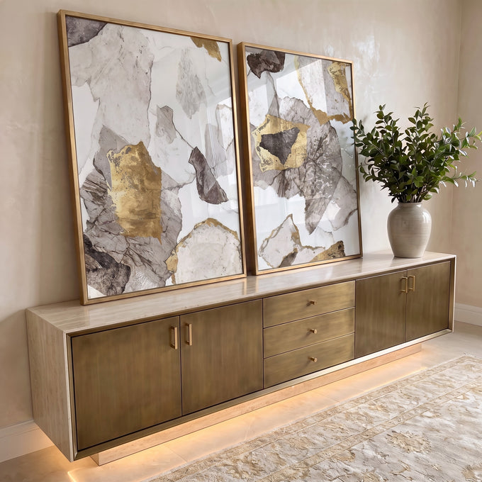 Quadro Decorativo Abstração Ouro e Branco Toque Luxuoso em ambiente decorado - quadros decorativos para sala