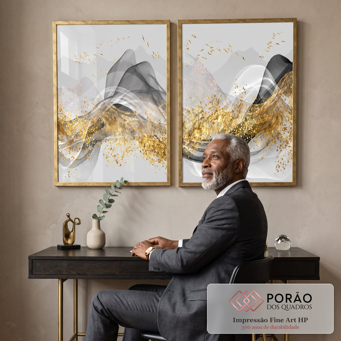 Quadro Decorativo Luxo Abstrato: Ouro & Prata em escritorio moderno - quadros decorativos para sala