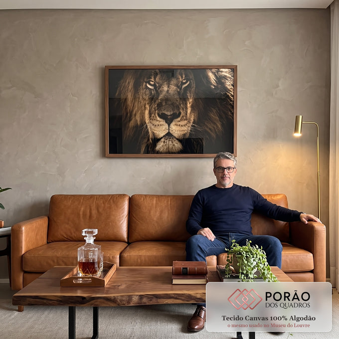 Quadro Decorativo O Esplendor do Leão: Majestade e Paz em sala de estar moderna - quadros decorativos para sala