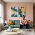 Quadro Decorativo Pincelada - Harmonia de Cores em Verde, Rosa e Amarelo em sala de estar moderna - quadros decorativos para sala