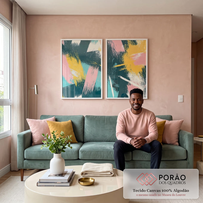 Quadro Decorativo Pincelada - Harmonia de Cores em Verde, Rosa e Amarelo em sala de estar moderna - quadros decorativos para sala