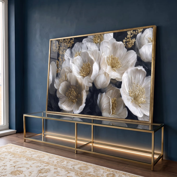 Quadro Decorativo Elegância Floral Dourada em ambiente decorado - quadros decorativos para sala