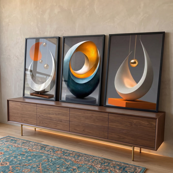 Conjunto Abstrato de Quadros Fluídos - Movimento e Elegância em 3 Peças em ambiente decorado - quadros decorativos para sala