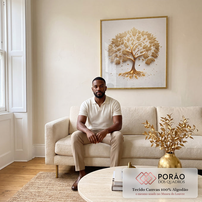 Quadro Decorativo Árvore da Riqueza Dourada em sala de estar moderna - quadros decorativos para sala