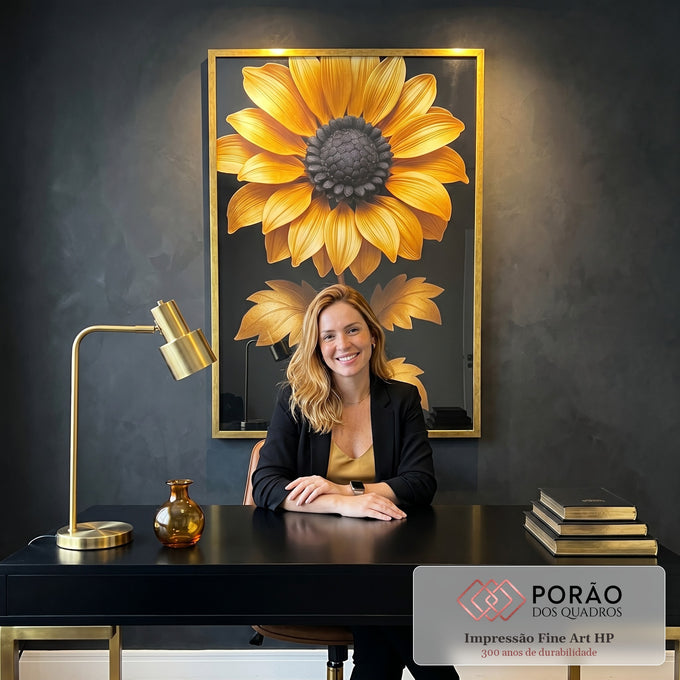 Quadro Decorativo Girassol Dourado Elegante em escritorio moderno - quadros decorativos para sala