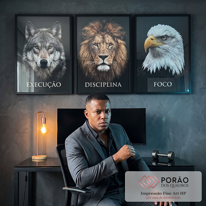 Quadro Decorativo Trio Inspirador Execução, Foco e Disciplina em escritorio moderno - quadros decorativos para sala
