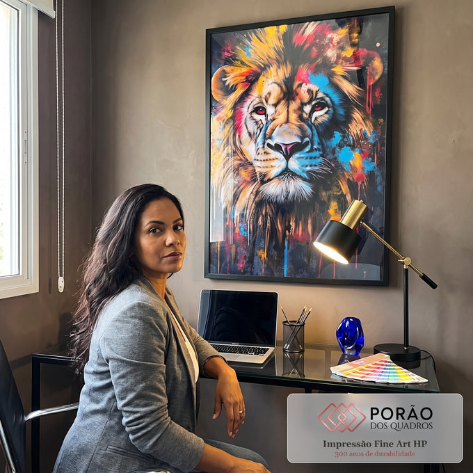 Quadro Decorativo Leão Majestoso e Vibrante em escritorio moderno - quadros decorativos para sala