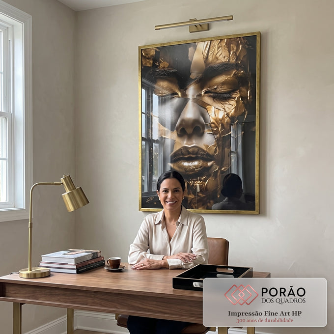 Quadro Decorativo - Luxo Dourado Feminino Inesquecível em escritorio moderno - quadros decorativos para sala