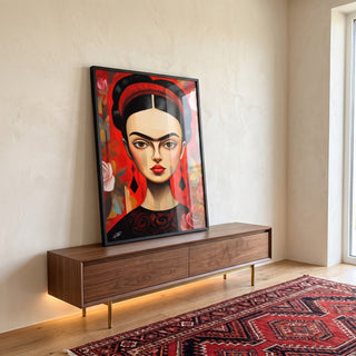 Quadro Decorativo Frida Kahlo: Magia e Rosa Vermelha em ambiente decorado - quadros decorativos para sala