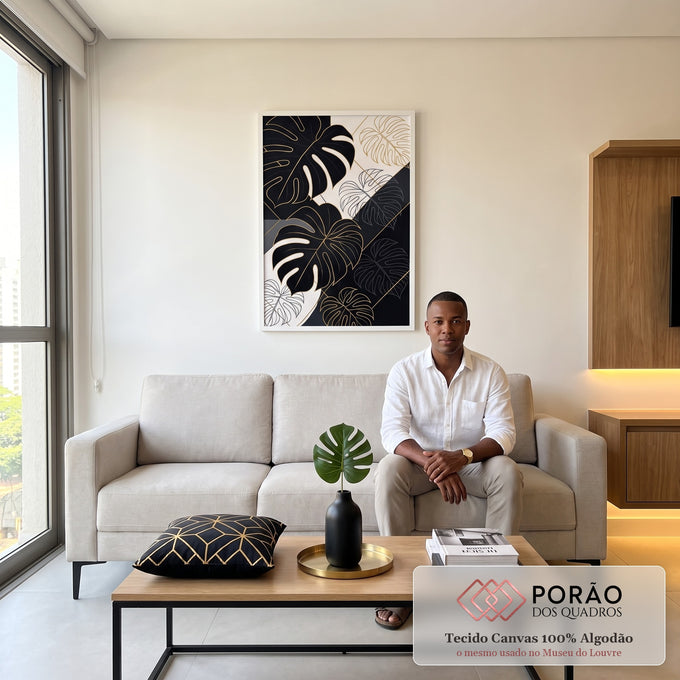Quadro Decorativo Folha Monstera com Elegância em sala de estar moderna - quadros decorativos para sala