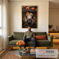 Quadro Decorativo Leão Real com Coroa e Flores em sala de estar moderna - quadros decorativos para sala