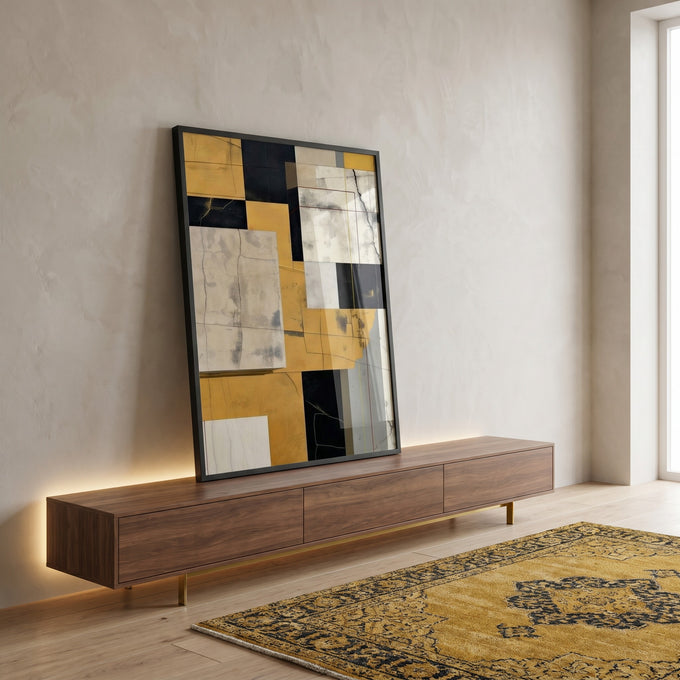 Quadro Decorativo Minimalista Dourado e Preto em ambiente decorado - quadros decorativos para sala