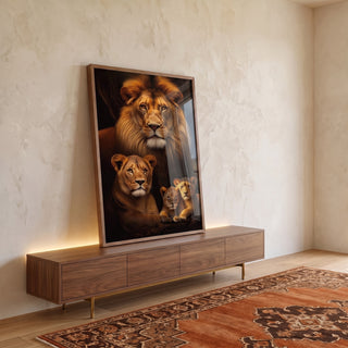 Quadro Decorativo Família de Leão com 2 Filhotes - Sofisticação e Estilo para Sua Decoração em ambiente decorado - quadros decorativos para sala