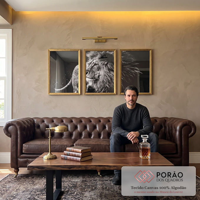 Quadro Decorativo Majestic Pride - Leões em Preto e Branco em sala de estar moderna - quadros decorativos para sala