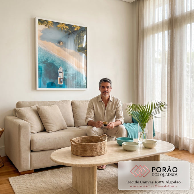 Quadro Decorativo Paraíso Tropical - Barco e Areia Fina em sala de estar moderna - quadros decorativos para sala