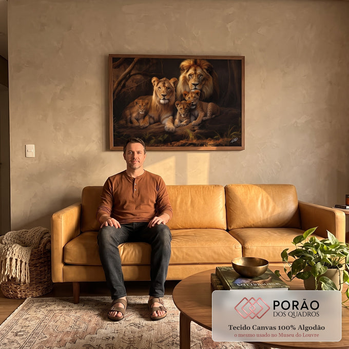 Quadro Decorativo Família de Leão com 3 Filhotes - Ternura e Estilo para sua Decoração em sala de estar moderna - quadros decorativos para sala